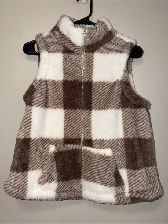SHEIN Jackets & Blazers - Brown & White Buffalo Plaid Sherpa Zip-Front Vest